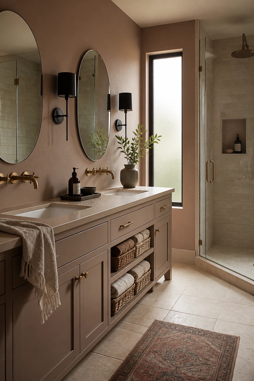 Bathroom vanity and walls painted in a warm taupe neutral.