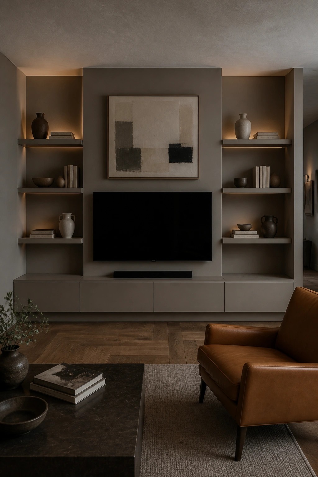 Modern living room with built-in gray media wall, leather armchair, and wooden coffee table.