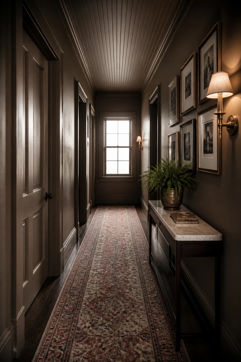 A narrow hallway painted in deep taupe with dark wood floors and a long runner.