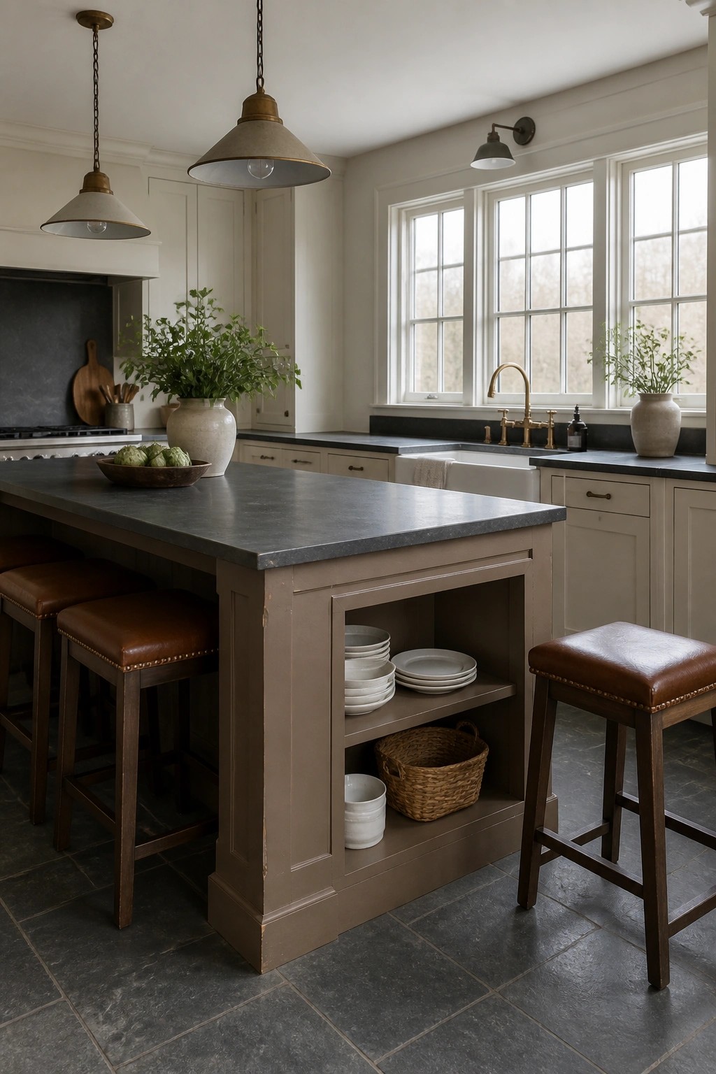 Taupe painted cabinets and island in a neutral kitchen with dark counters.