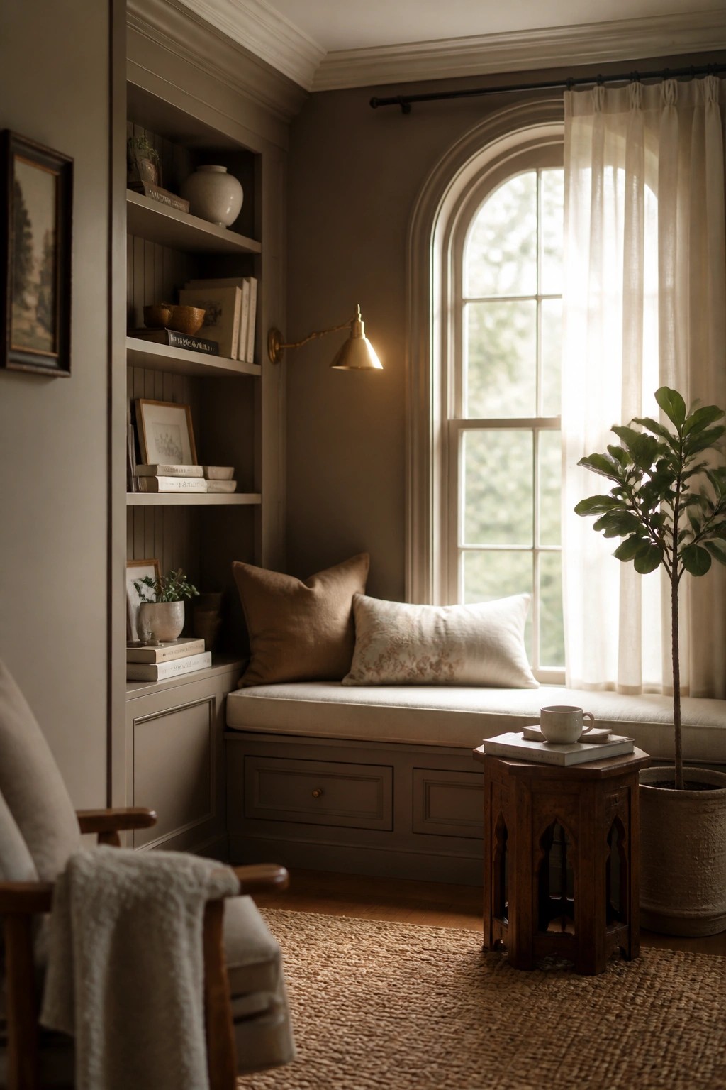 Taupe painted walls and built-in shelving in a cozy window nook.