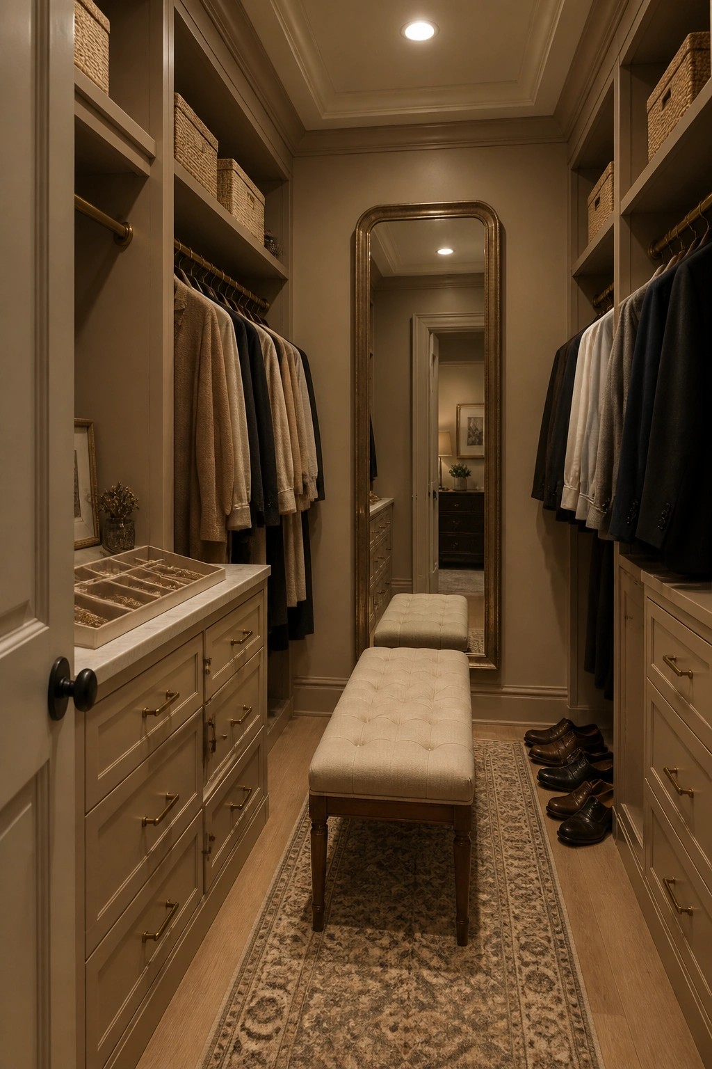 Walk-in closet with warm taupe walls and matching cabinetry.