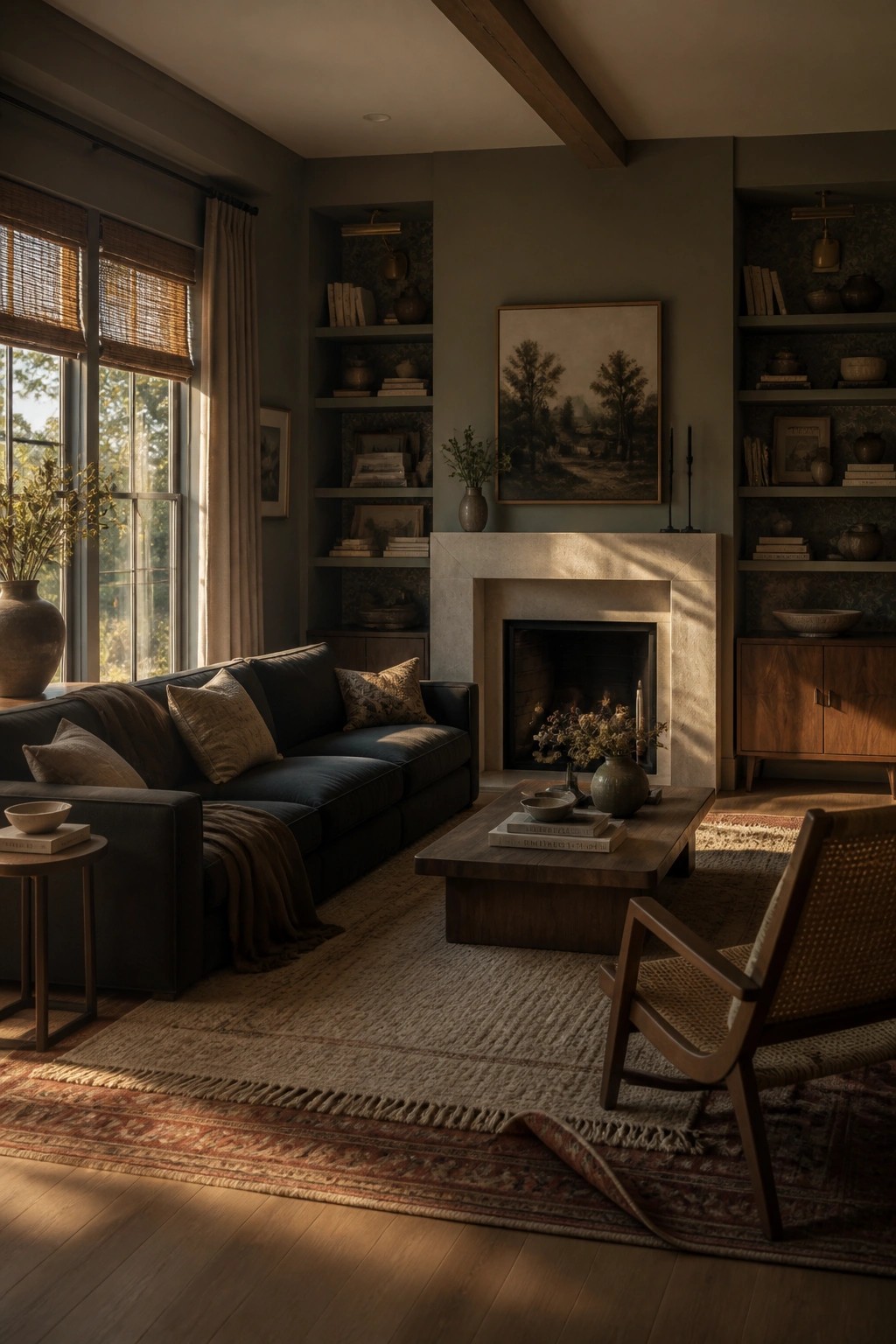 Living room walls painted in a soft taupe neutral.