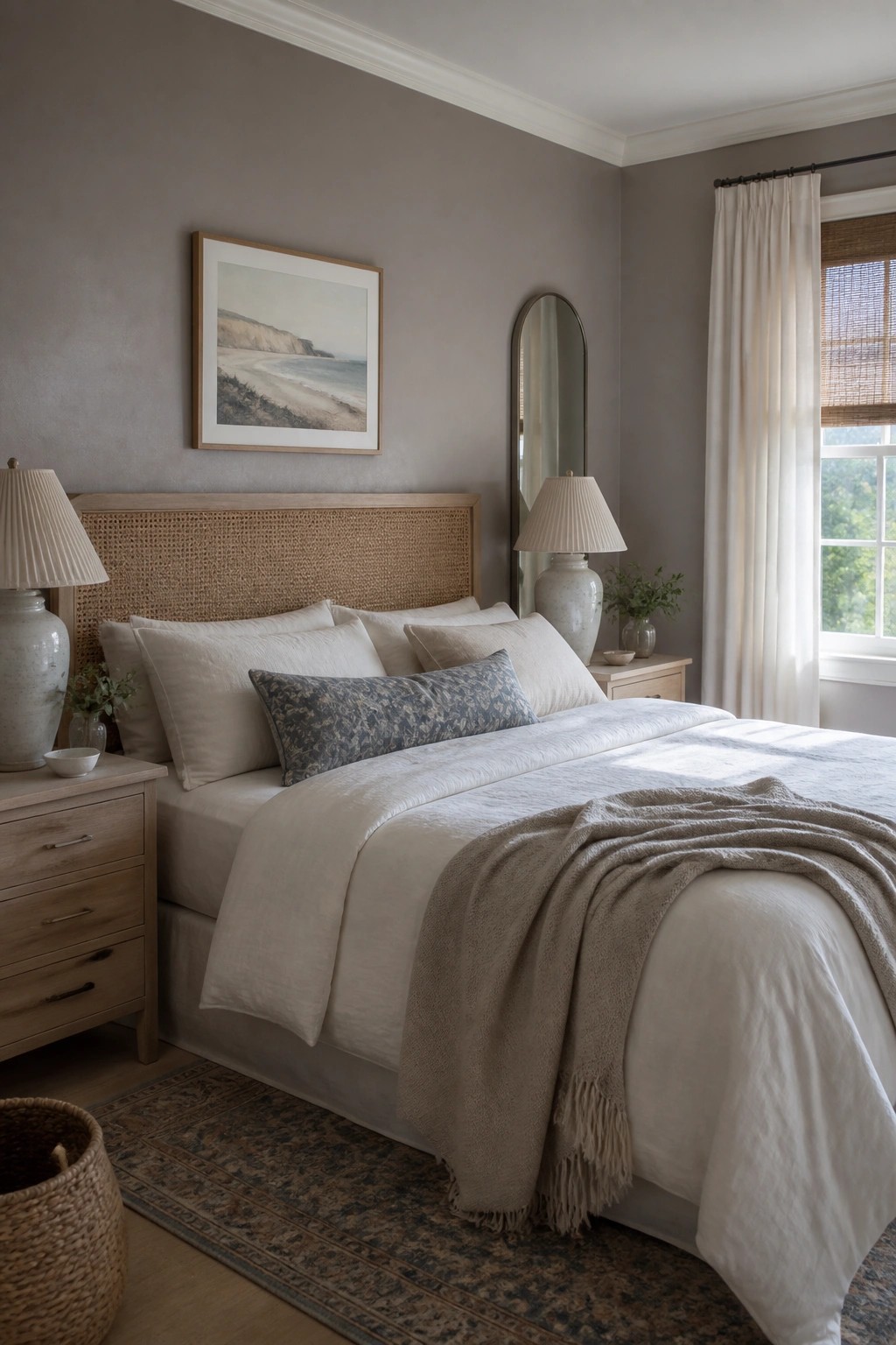 A bedroom with warm taupe walls and a wooden bed frame.