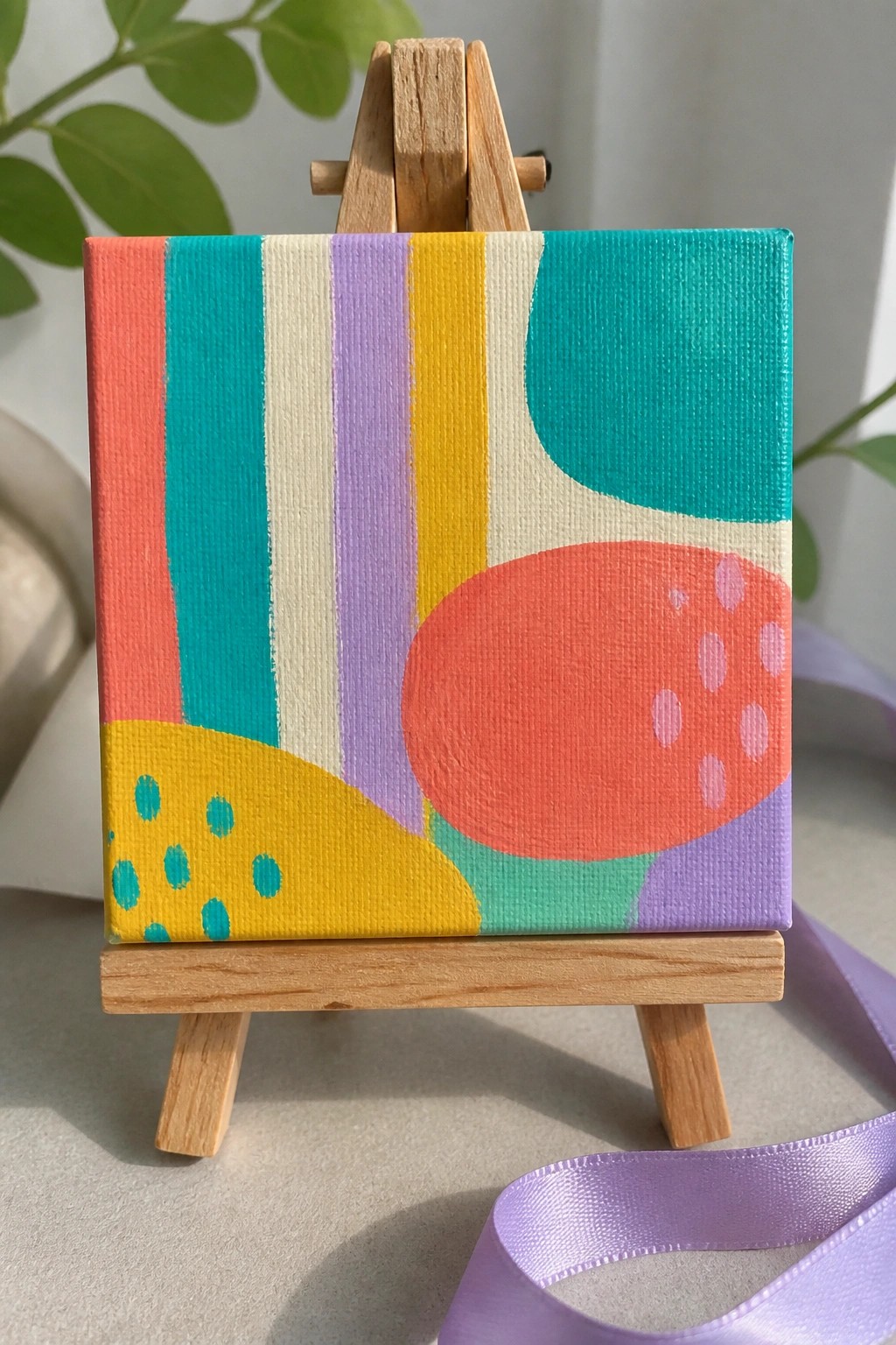 Miniature colorful abstract painting on wooden easel with purple ribbon nearby