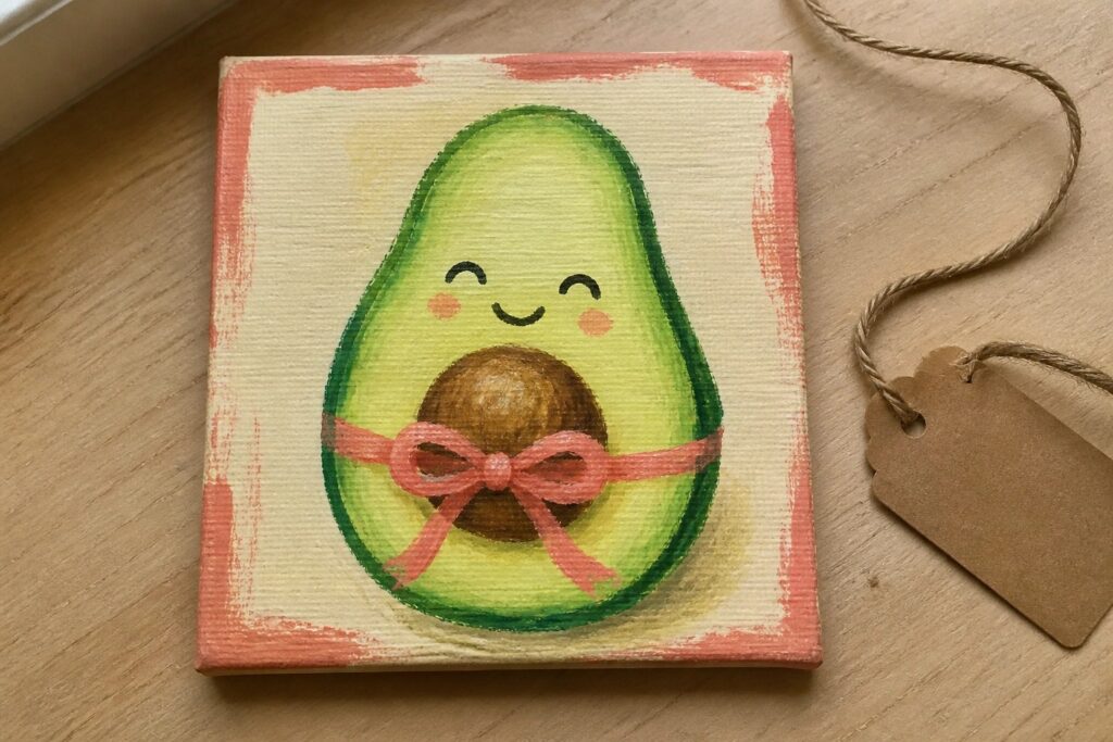 Small square canvas with a painted avocado half, smiling pit, orange bow, and light green background with attached tag.