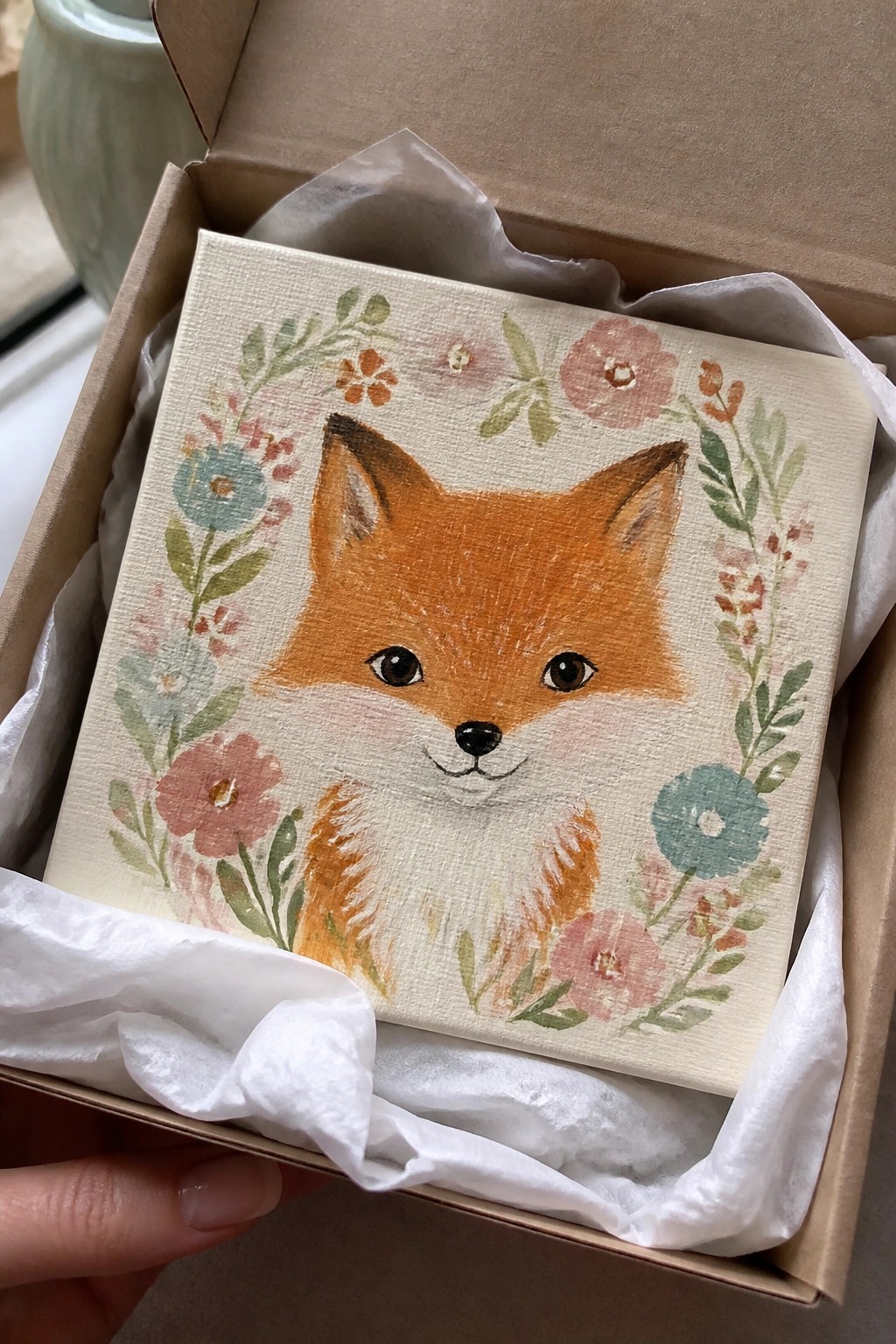 Orange fox painting with floral wreath inside open cardboard box on tissue paper