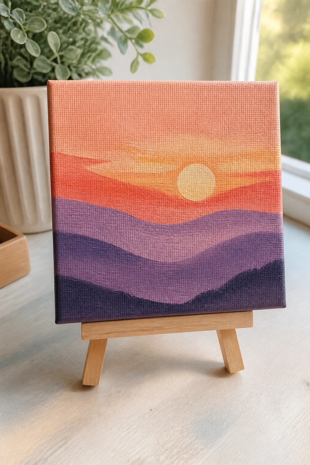 Small canvas sunset painting with yellow sun over layered purple hills on easel