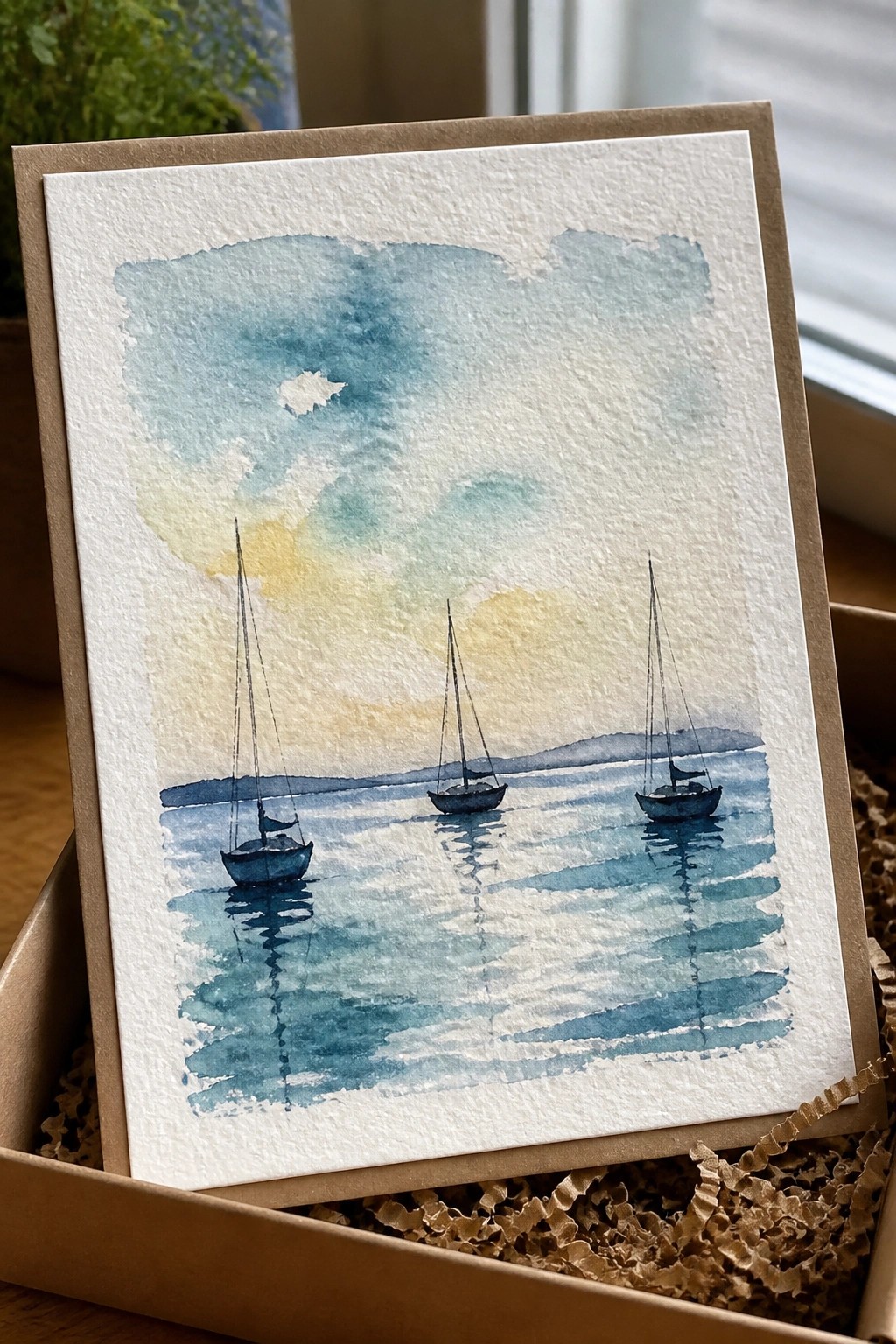Watercolor painting of three sailboats on reflective water inside open brown box