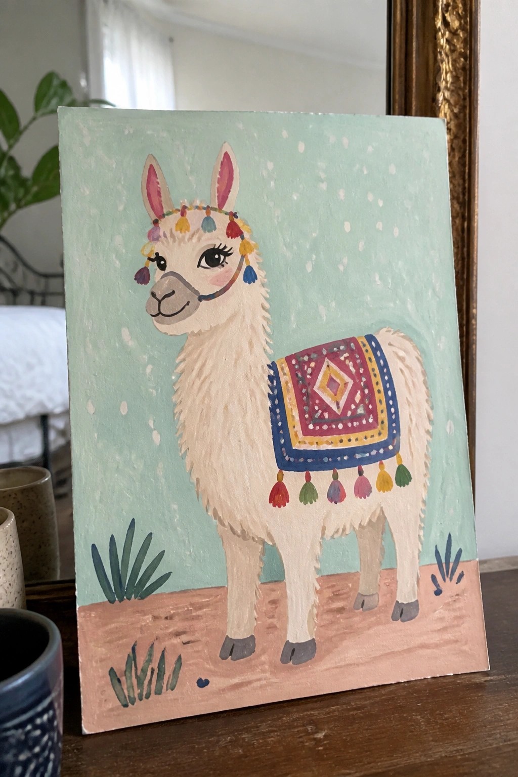Whimsical painting of a white llama with colorful patterned saddle and tassels.