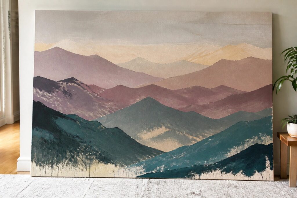18 Artistic Nature Wall Art Painting Ideas for Large Canvas Displays Layered abstract mountain painting in teal, pink, yellow, and beige on canvas.