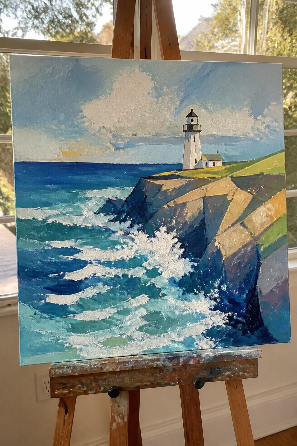 Oil painting on easel of white lighthouse on cliff above crashing blue ocean waves