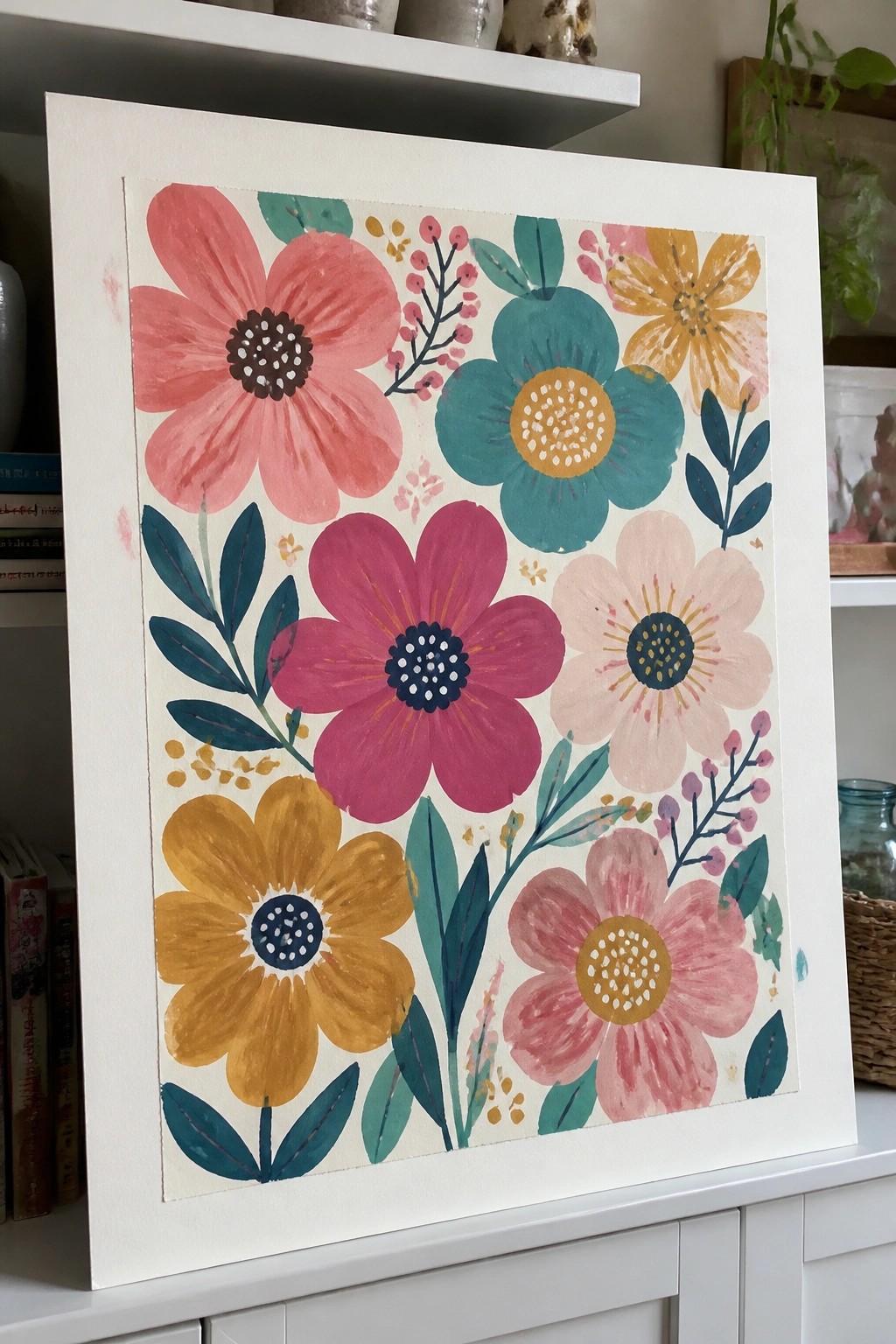 Colorful floral painting in white frame on shelf with books and plants