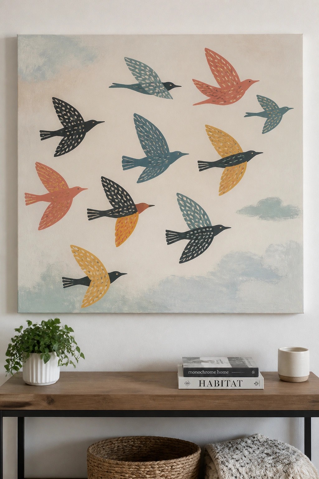 Stylized colorful birds in flight on canvas above table with plant and books