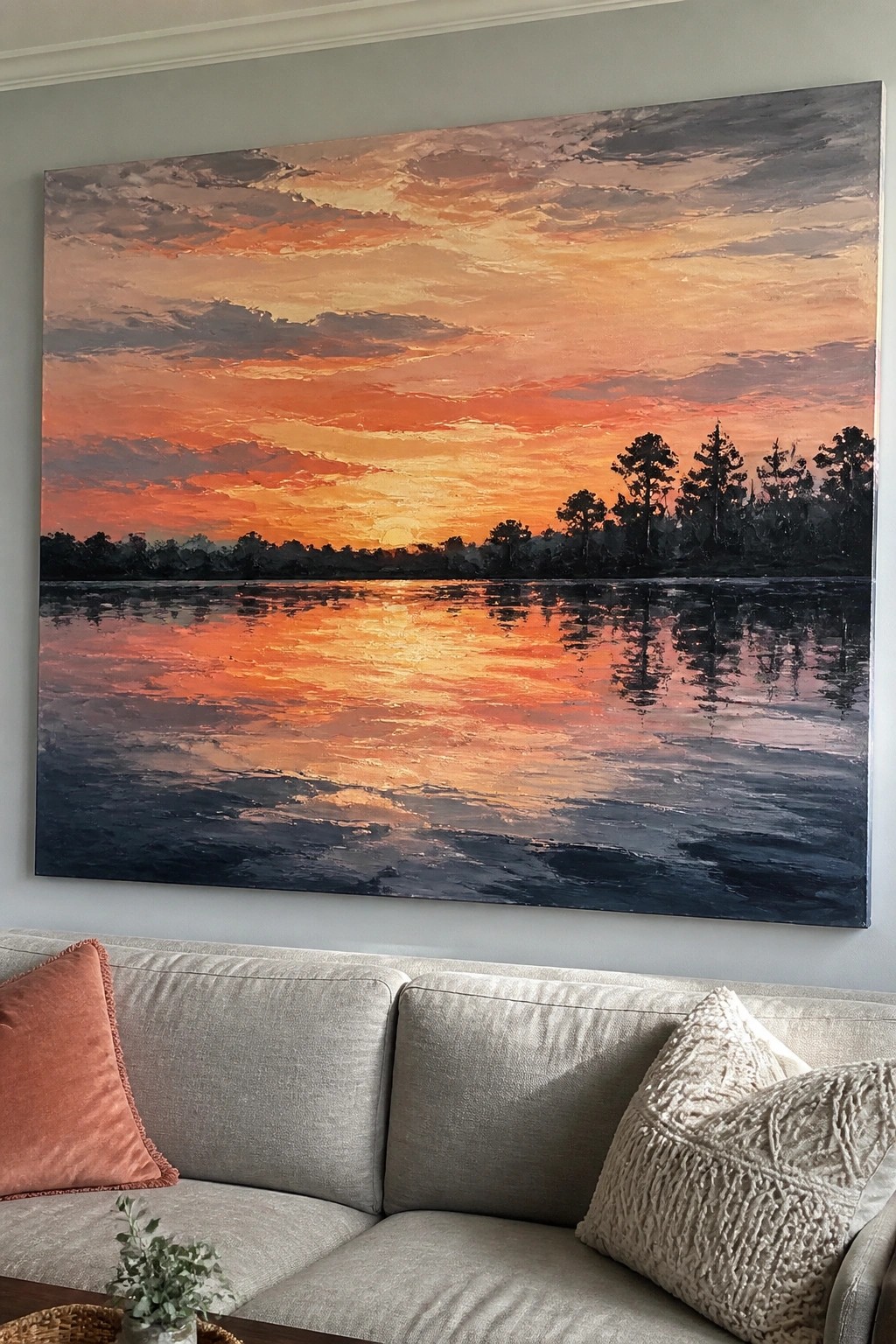 Large sunset painting above gray couch with coral and white pillows
