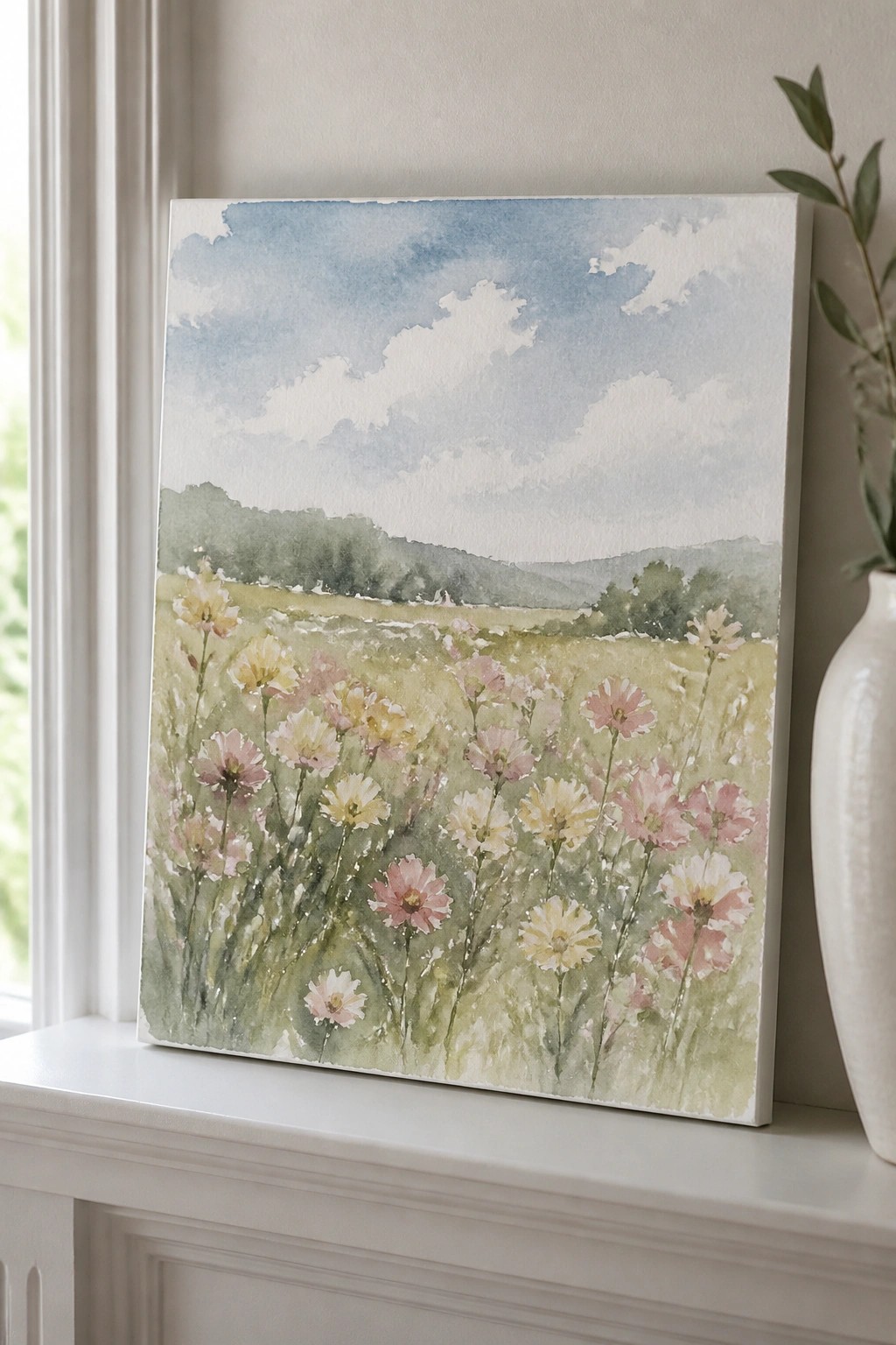 Watercolor painting of pink wildflowers in meadow on white windowsill beside vase