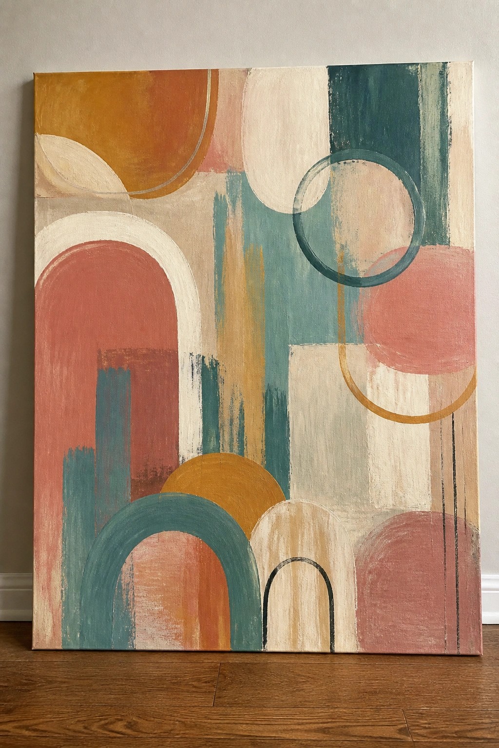 Abstract painting with colorful circles, arches, and brushstrokes leaning on wooden floor against wall