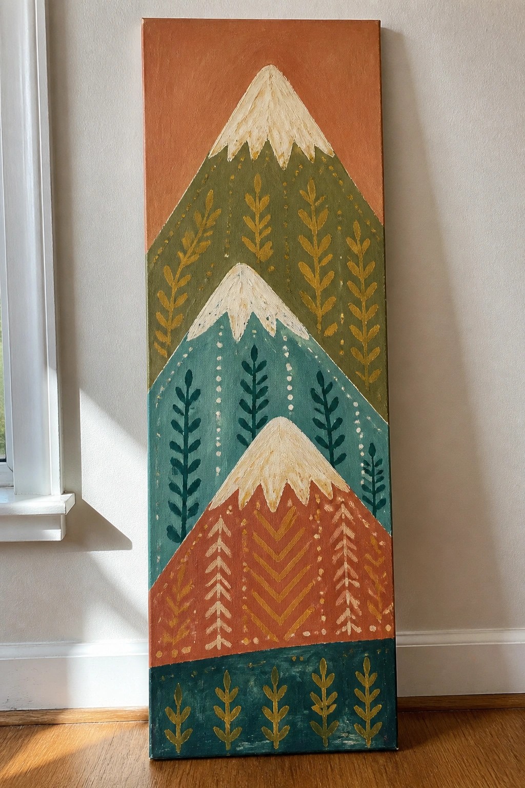 Tall vertical painting of layered mountains with snow caps and gold leaf patterns.