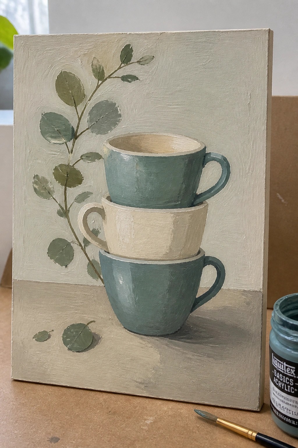Acrylic still life of three stacked teal and beige cups with green leaves