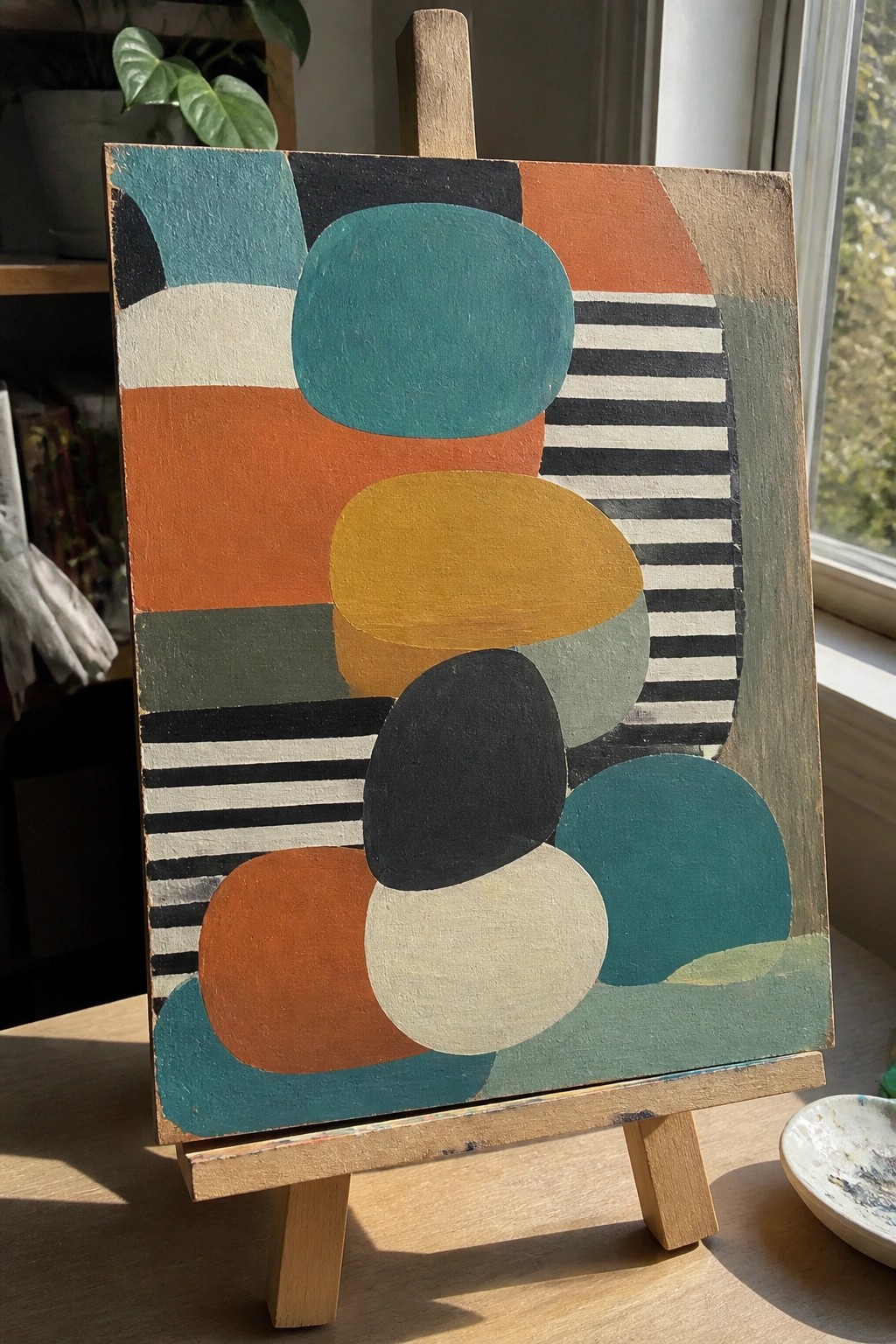 Colorful abstract painting with circles, stripes, and shapes on wooden easel in sunlight.