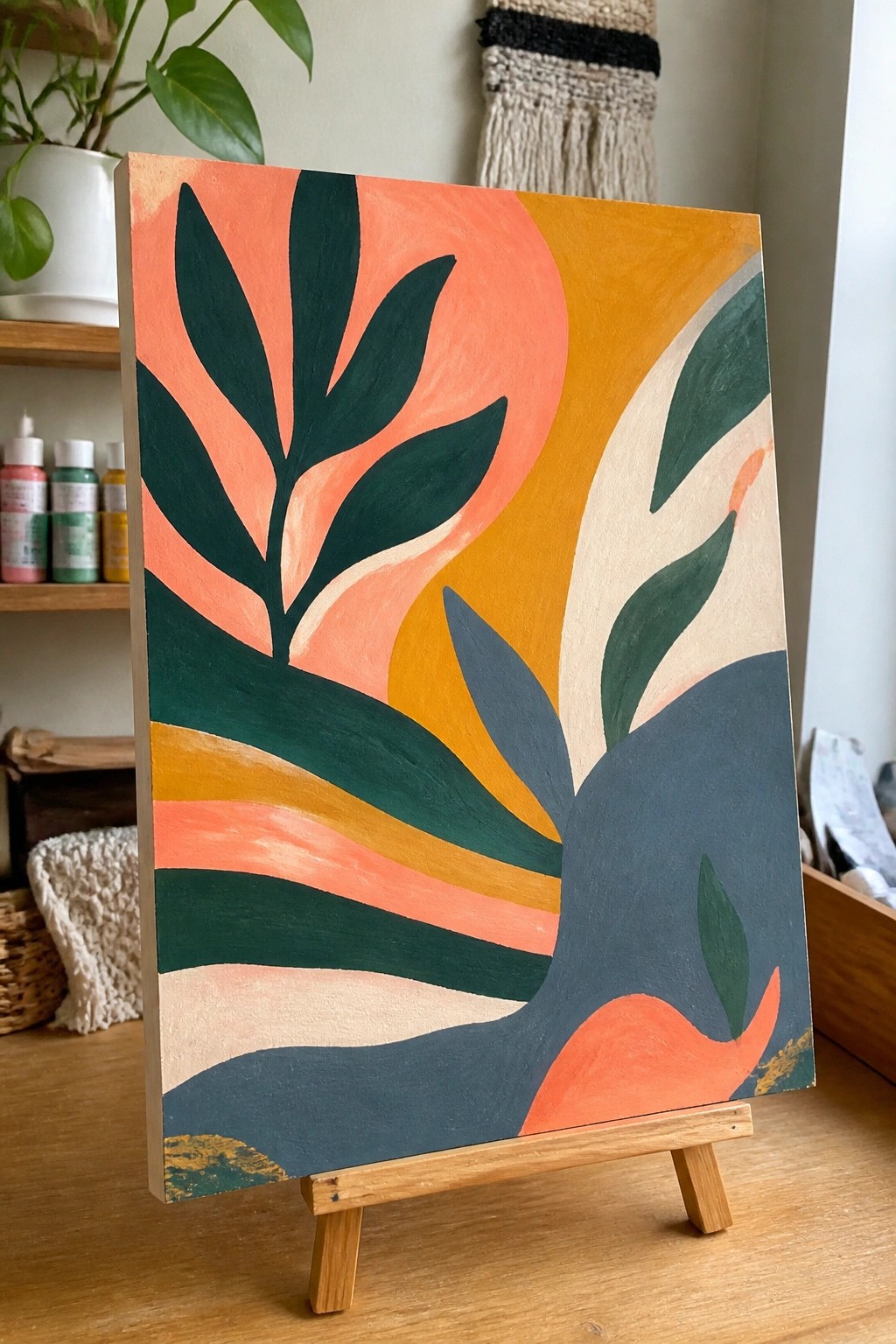 Colorful abstract painting with stylized leaves in coral, green, and yellow on easel.