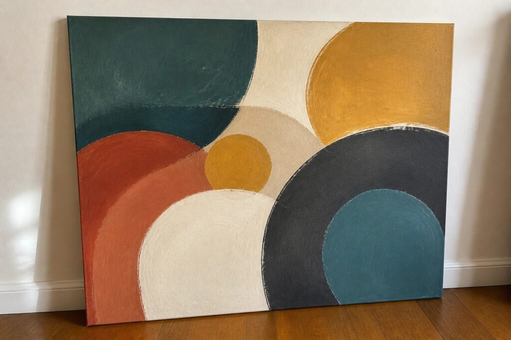 Abstract painting with bold geometric shapes in teal, orange, black and red on wood floor.