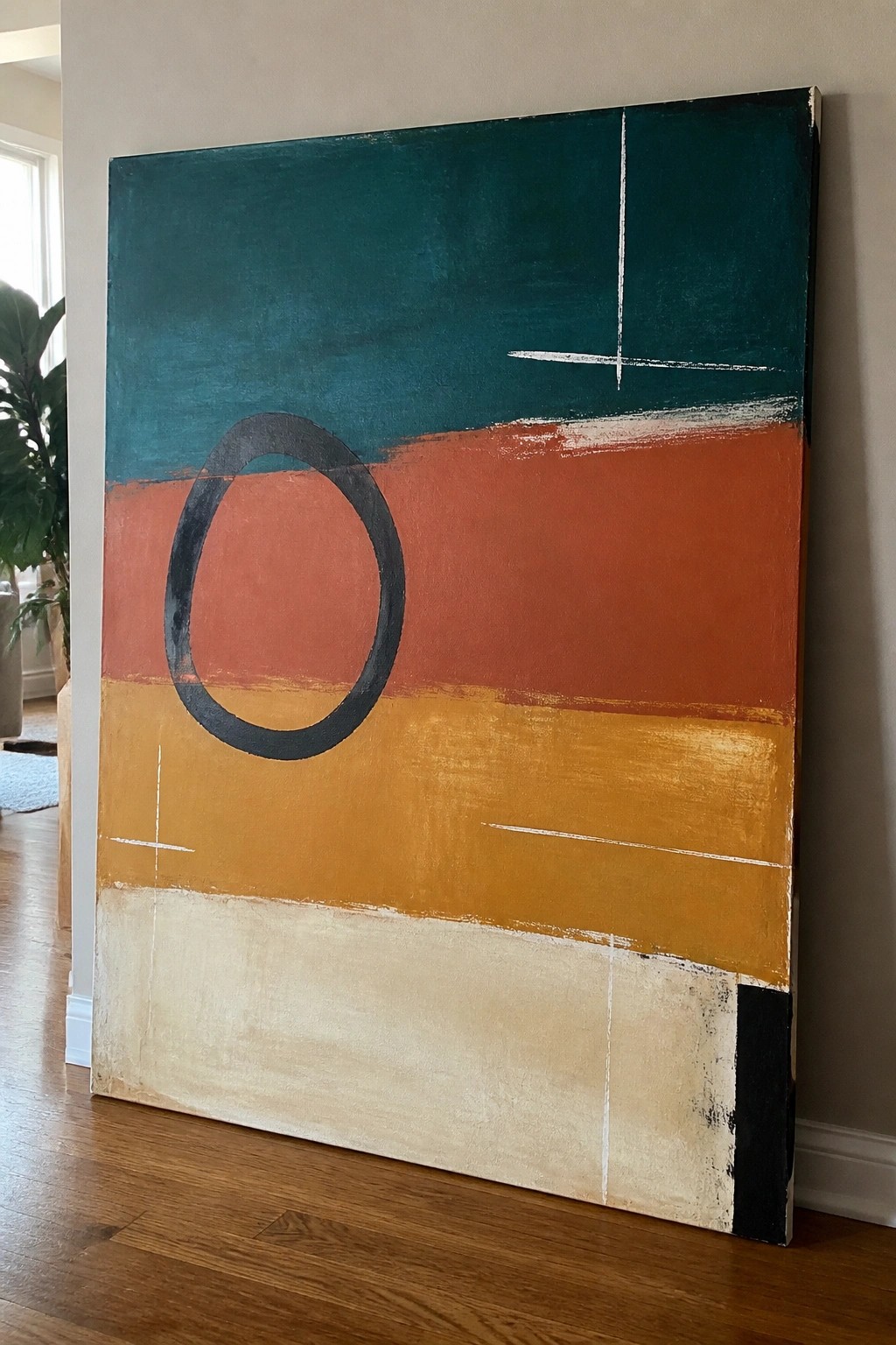 Abstract painting with teal orange yellow bands, black circle, white lines on canvas