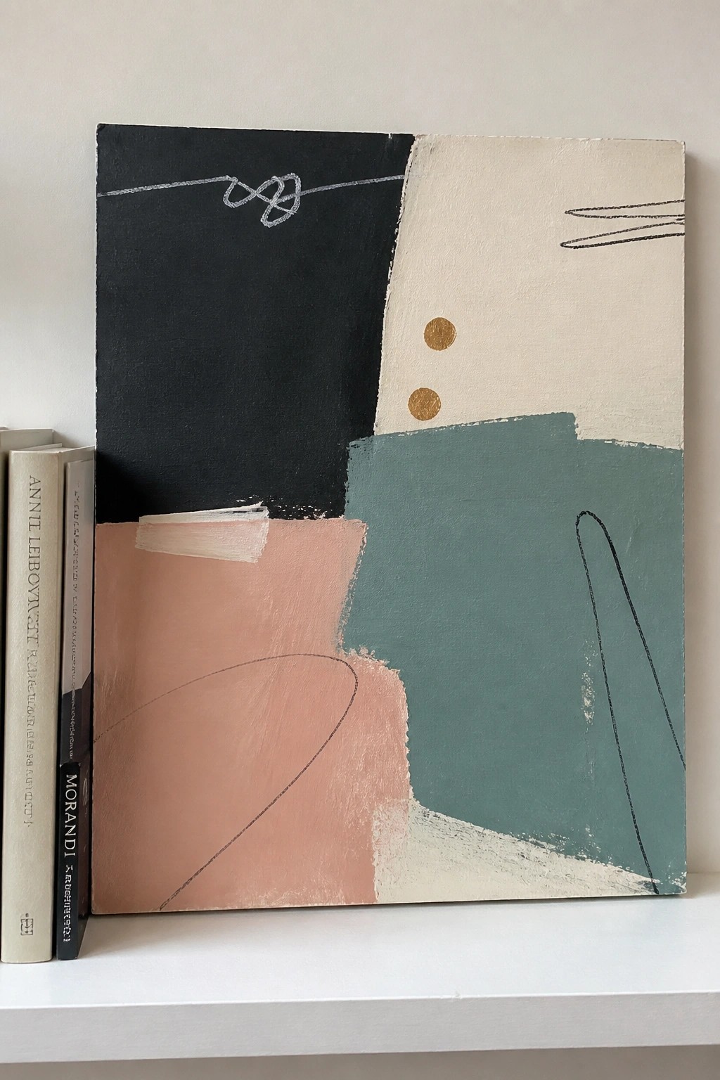 Abstract painting with black, beige, teal, pink sections and books on white shelf.