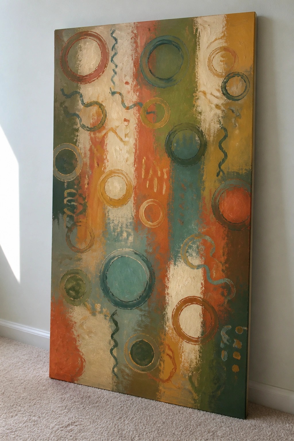 Abstract painting with colorful circles and squiggles on canvas leaning against wall.