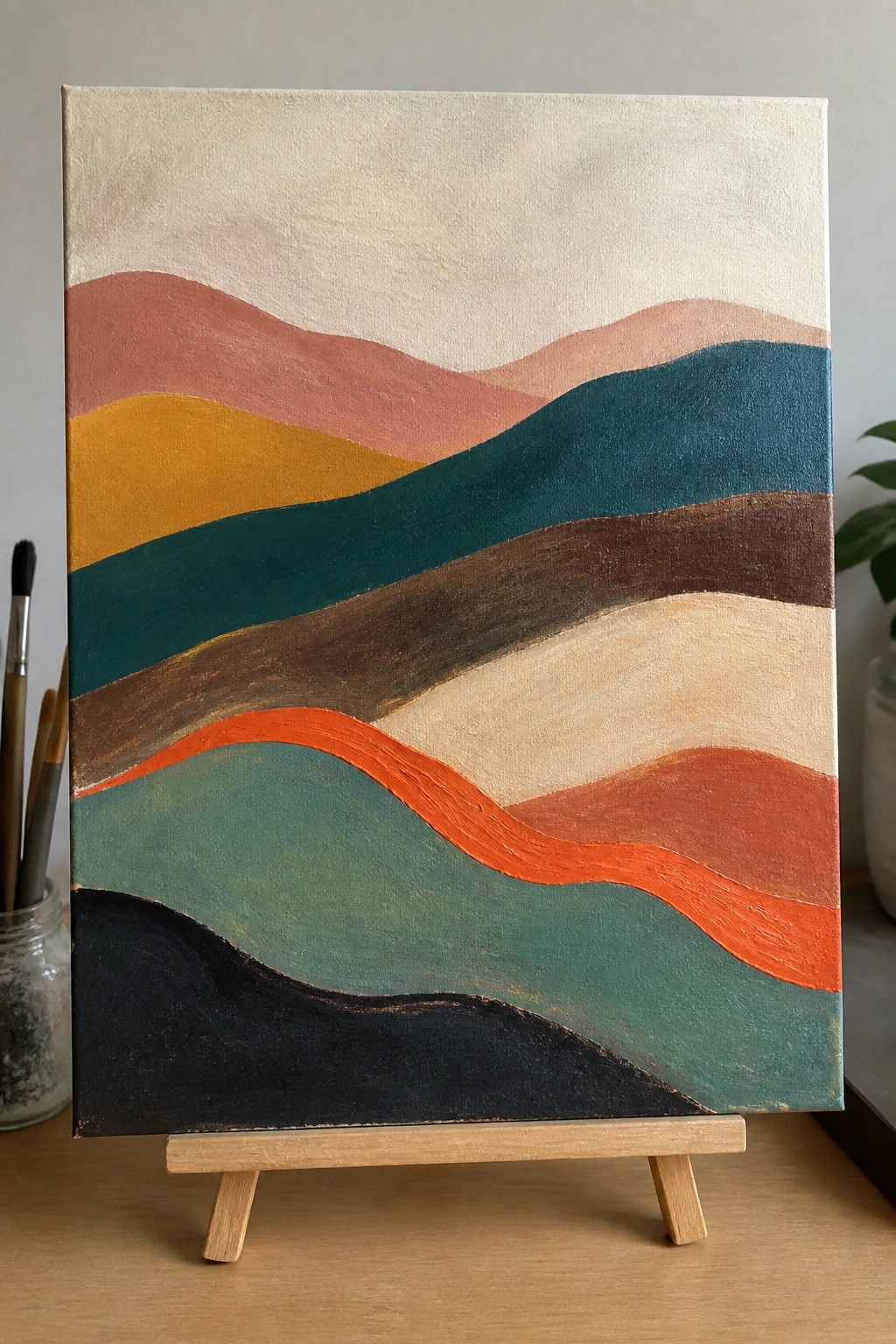 Abstract painting with wavy colorful layers on canvas atop wooden easel