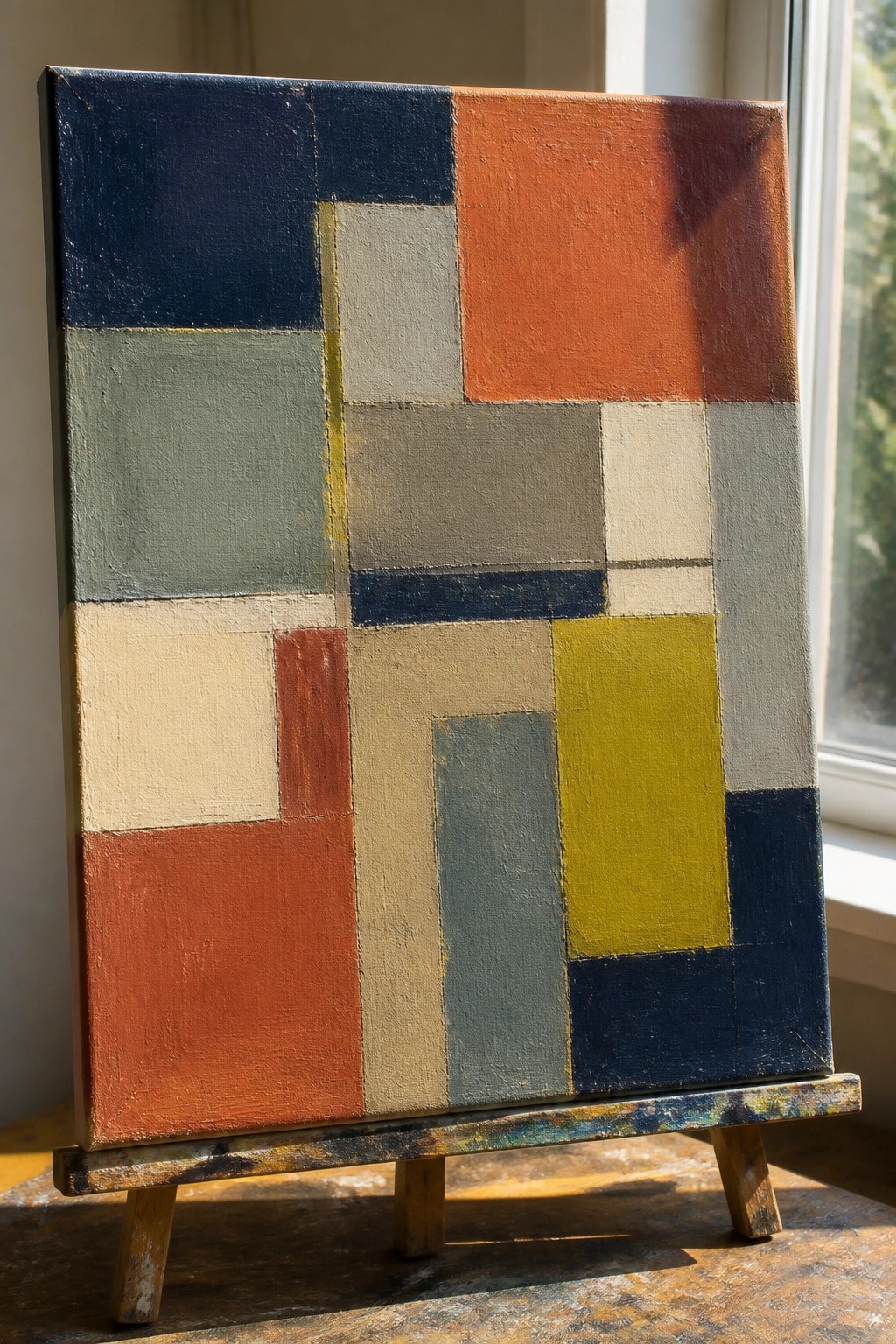 Abstract geometric painting with colorful rectangles on canvas atop wooden easel near window.