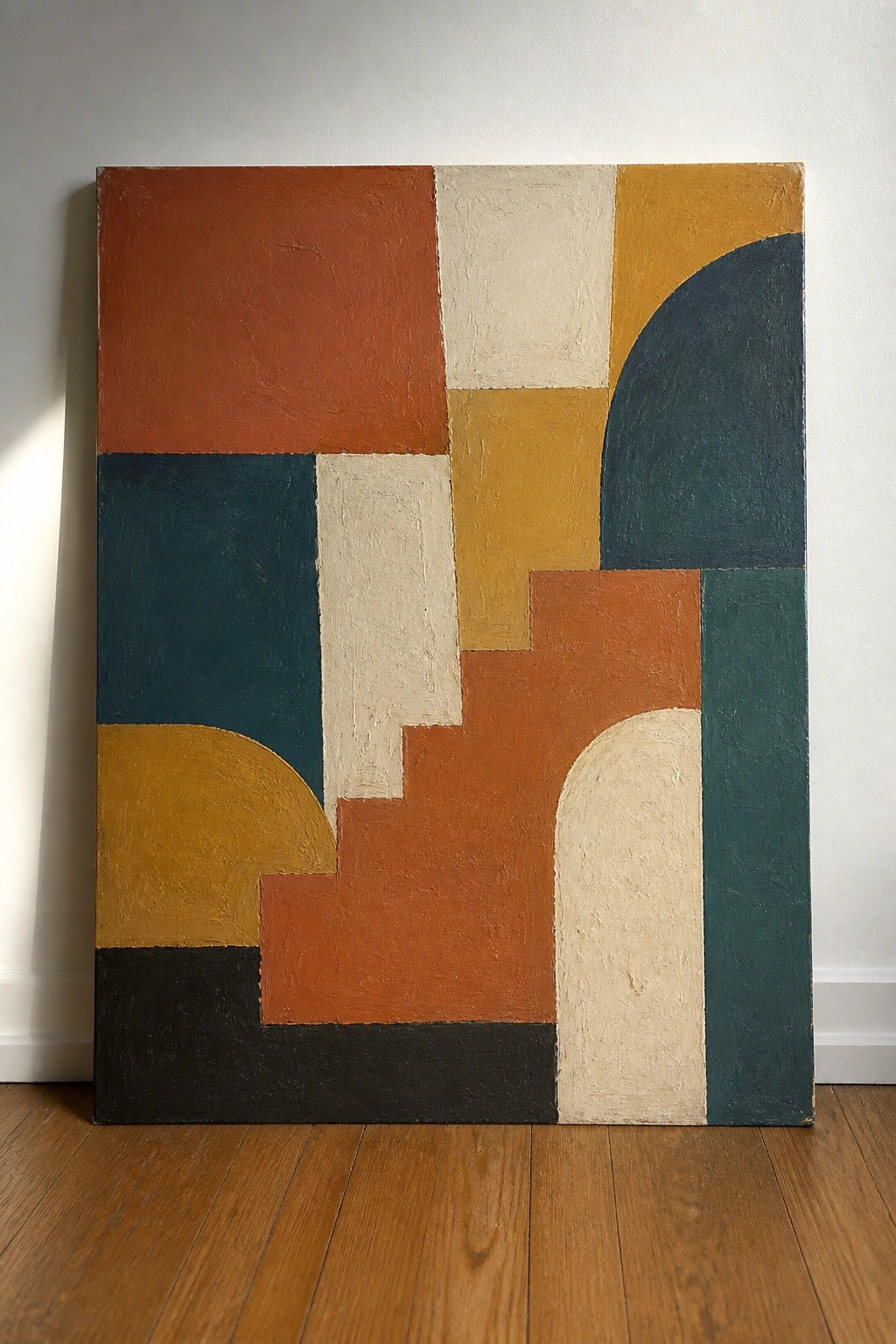 Abstract painting with geometric shapes in rust, teal, yellow, beige, and black on canvas
