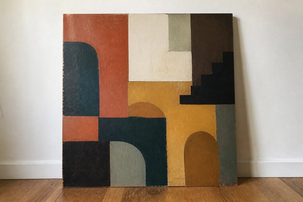 18 Bold Abstract Oil Painting Concepts To Explore Your Style Abstract painting with geometric shapes in rust, teal, yellow, beige, and black on canvas