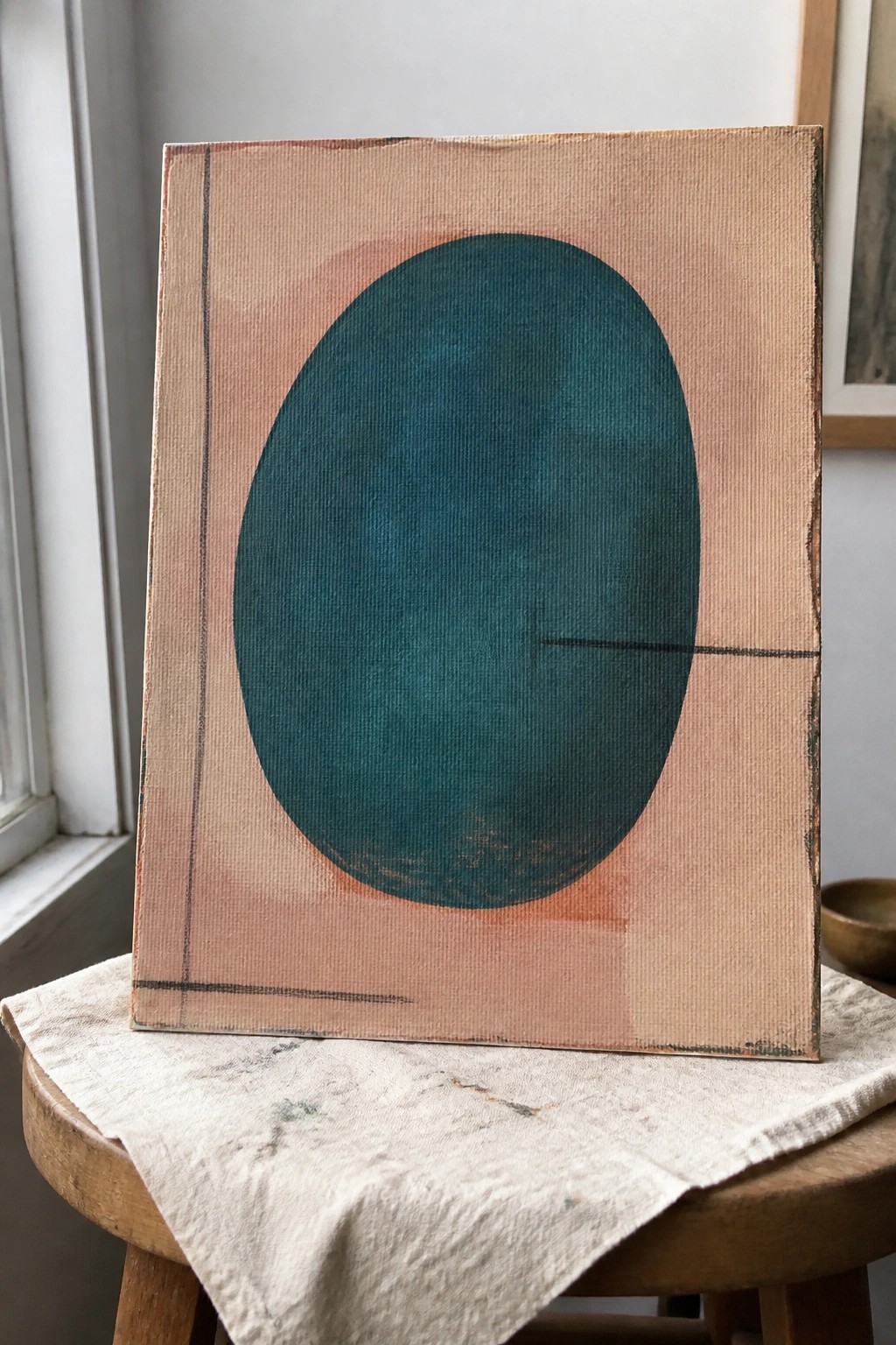 Abstract painting of large teal oval on peach canvas atop cloth-covered wooden stool.