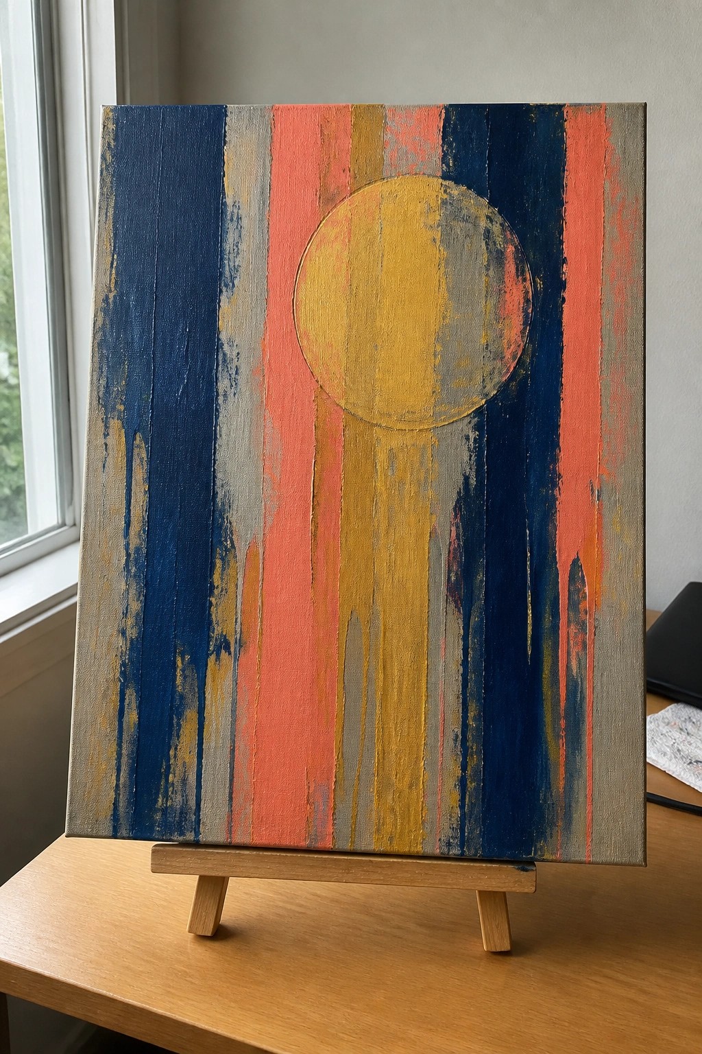 Abstract painting with vertical blue, coral, and yellow stripes plus central circle on easel