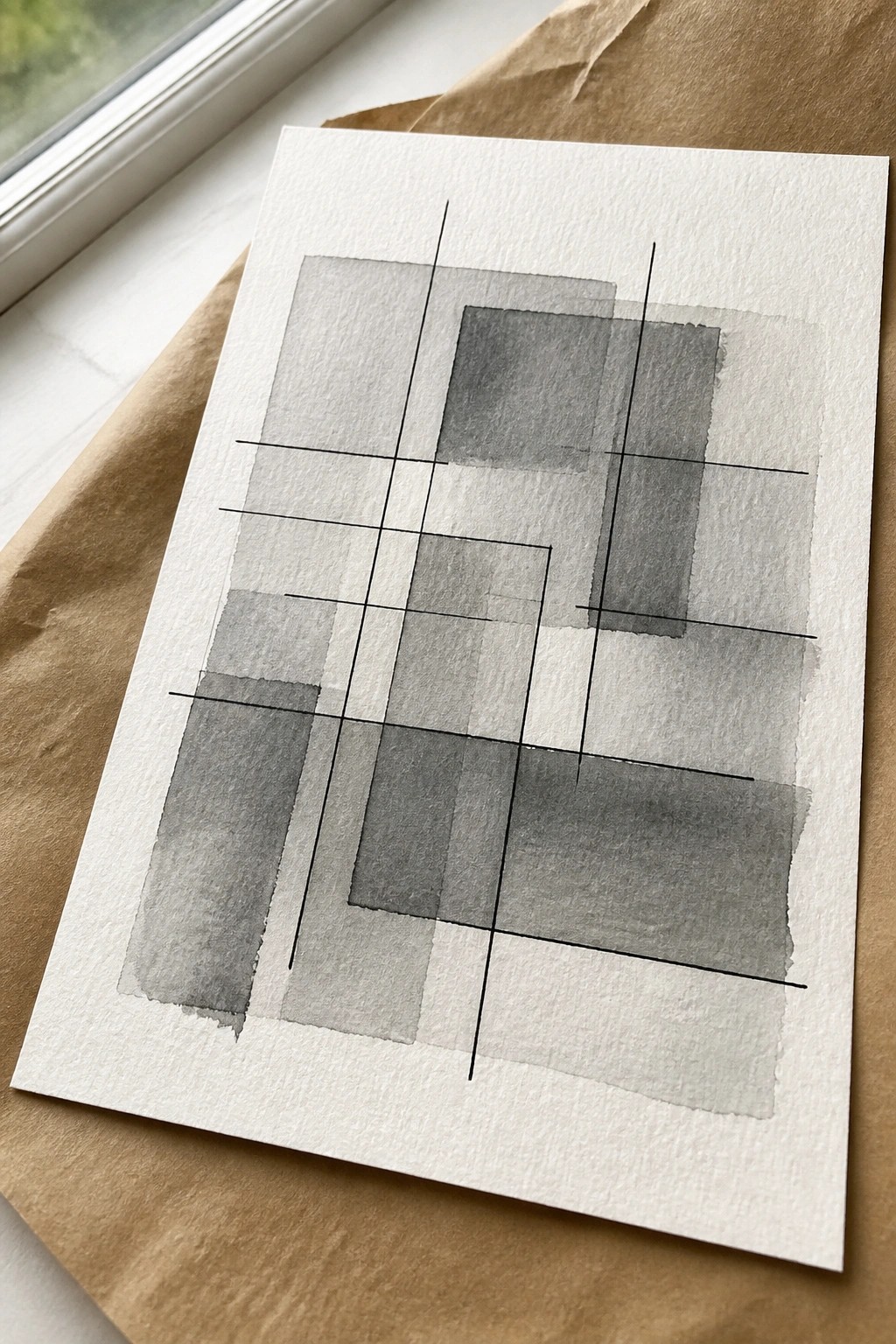 Abstract gray watercolor with black lines forming overlapping rectangles on white paper