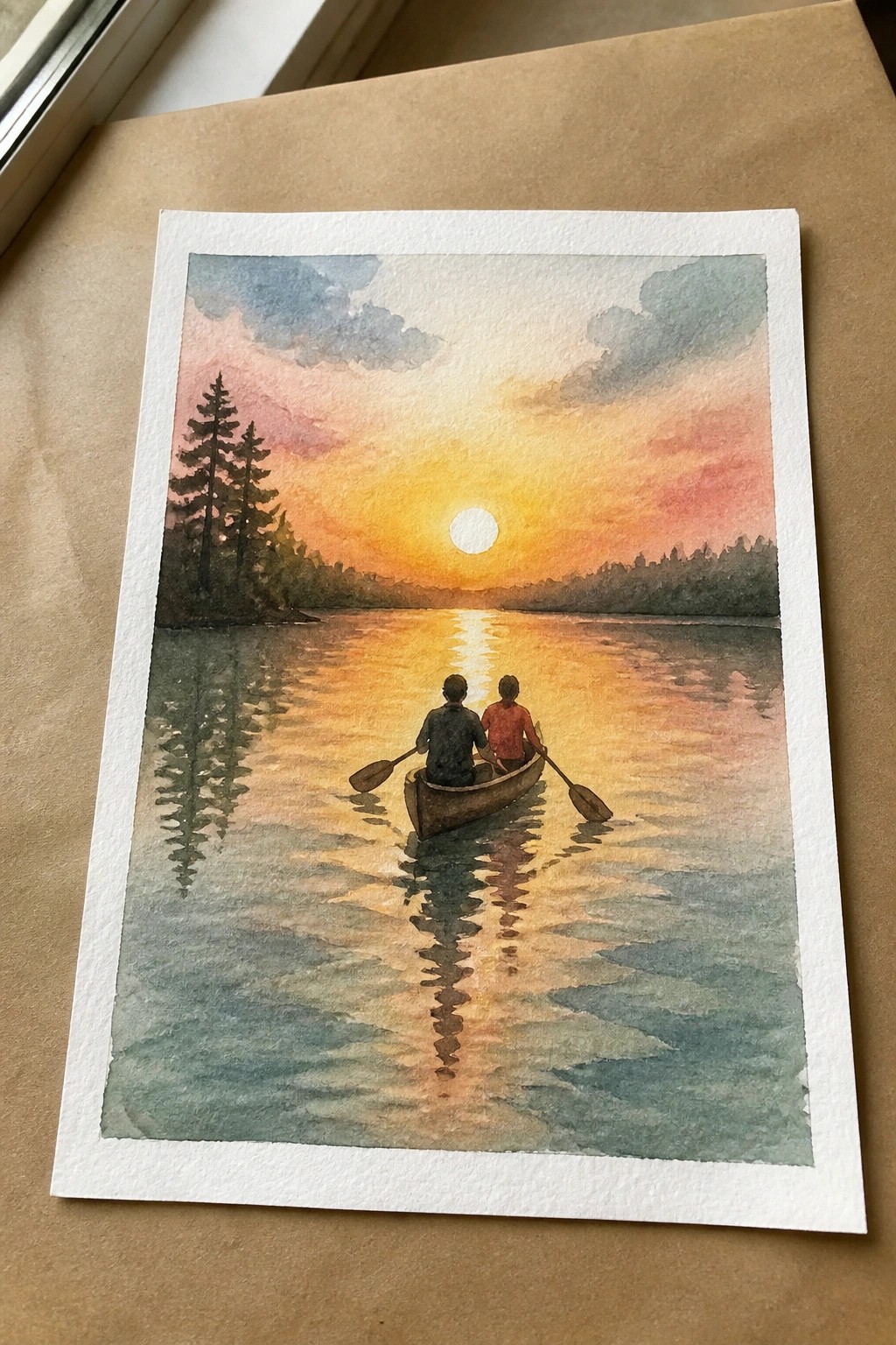 Watercolor of two people paddling a canoe on a lake at vibrant sunset.