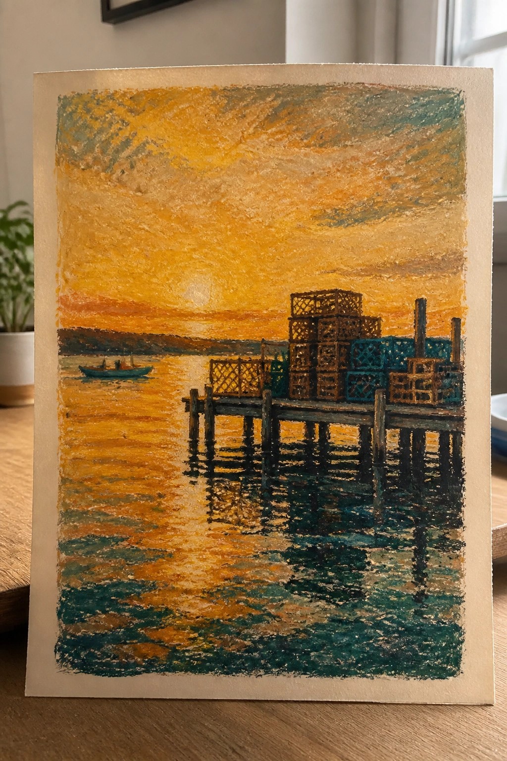 Oil pastel painting of a sunset over a lake with a wooden pier holding stacked lobster traps and a boat in the distance.