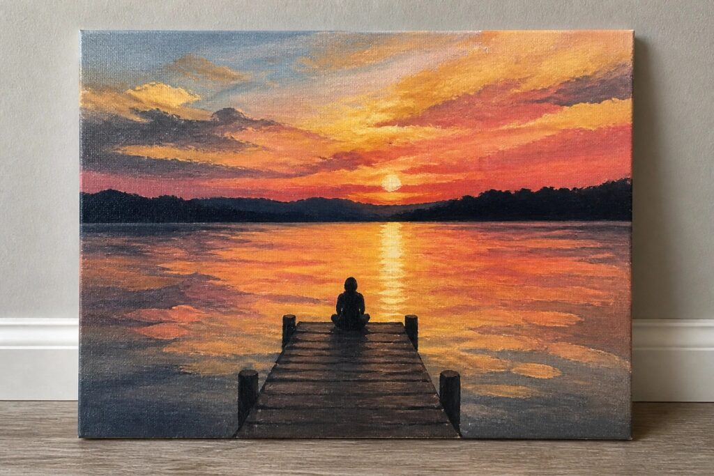 Painting of silhouetted figure seated on wooden dock at vibrant orange sunset over water.