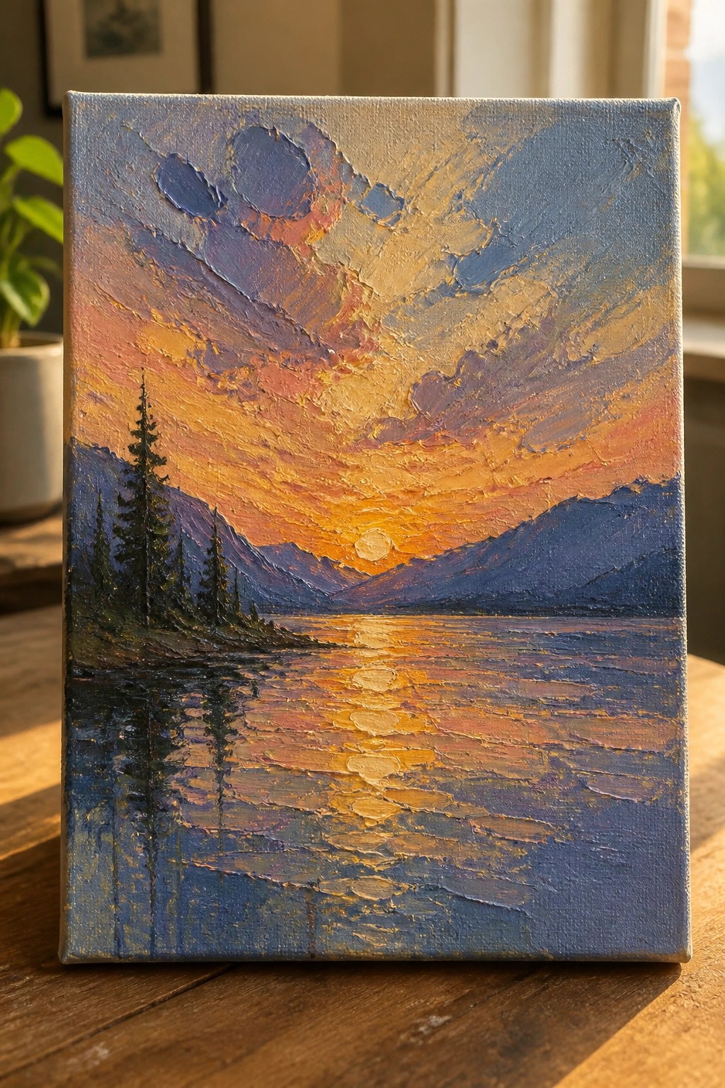 Thickly textured oil painting of vibrant sunset over mountain lake with pine trees.