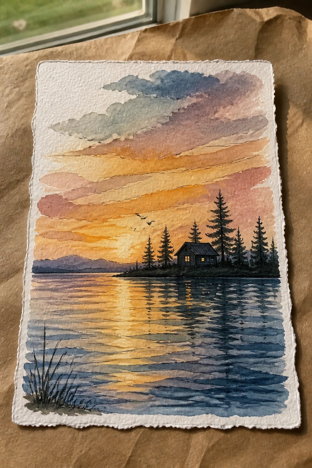 Watercolor sunset over lake with cabin on island, pine trees, and reflections