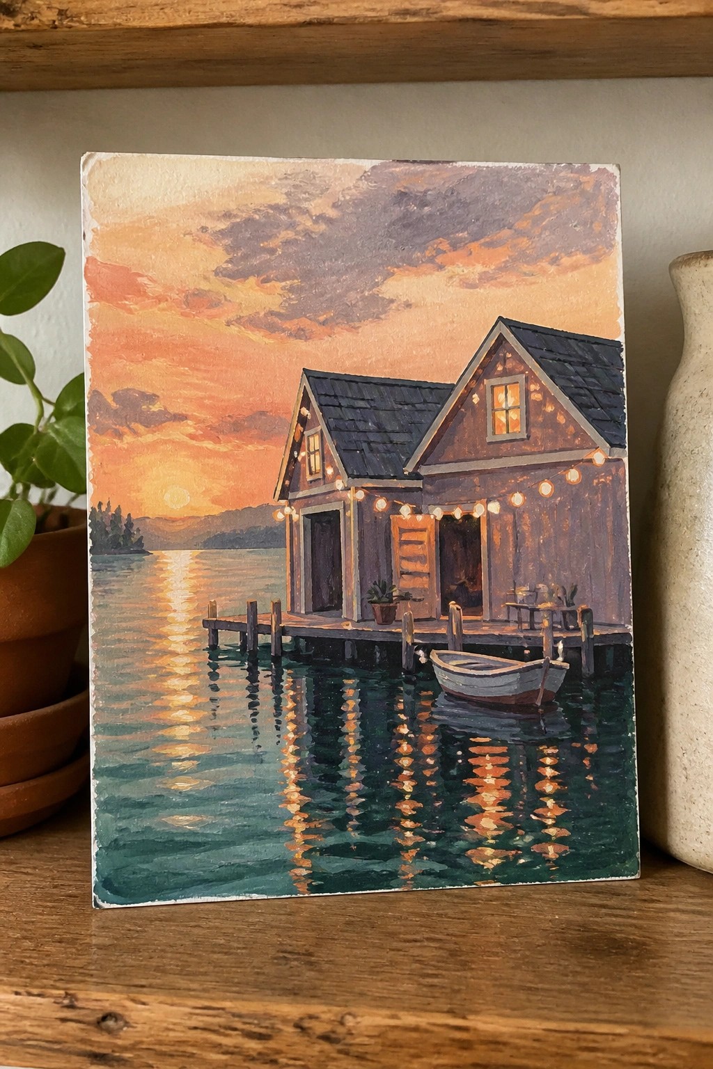 Wooden boathouse with string lights on dock at vibrant sunset, small boat reflected in water