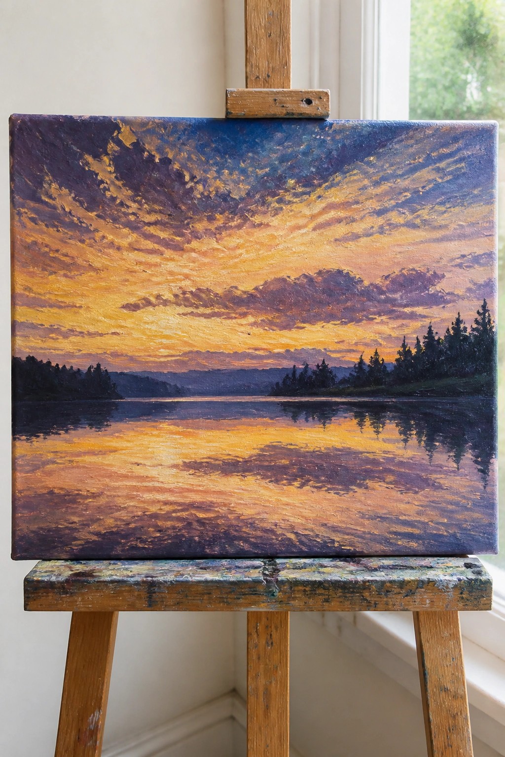 Vivid sunset oil painting with orange-purple sky over reflective lake on wooden easel