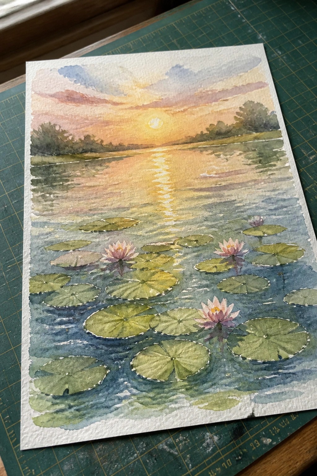 Watercolor sunset over pond with pink water lilies and lily pads on green mat