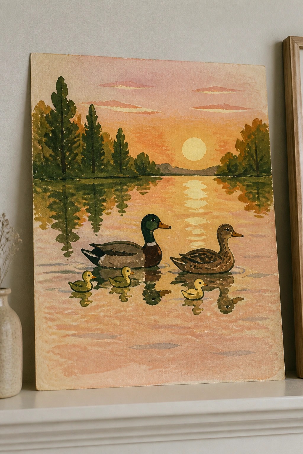 Watercolor painting of ducks and ducklings on a reflective lake at sunset.