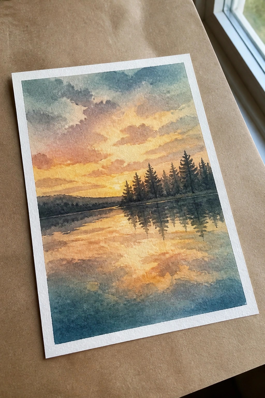 Watercolor sunset over a calm lake with orange skies and silhouetted pine reflections.