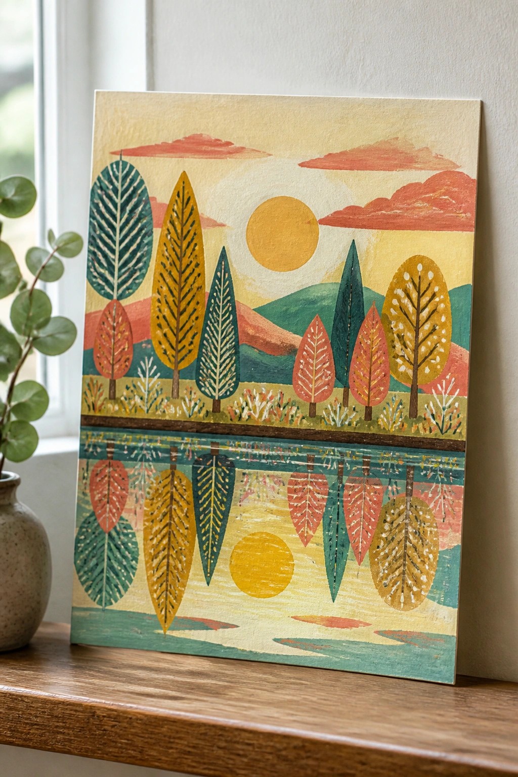 Colorful folk art painting of stylized trees, sun, and water reflection on ledge