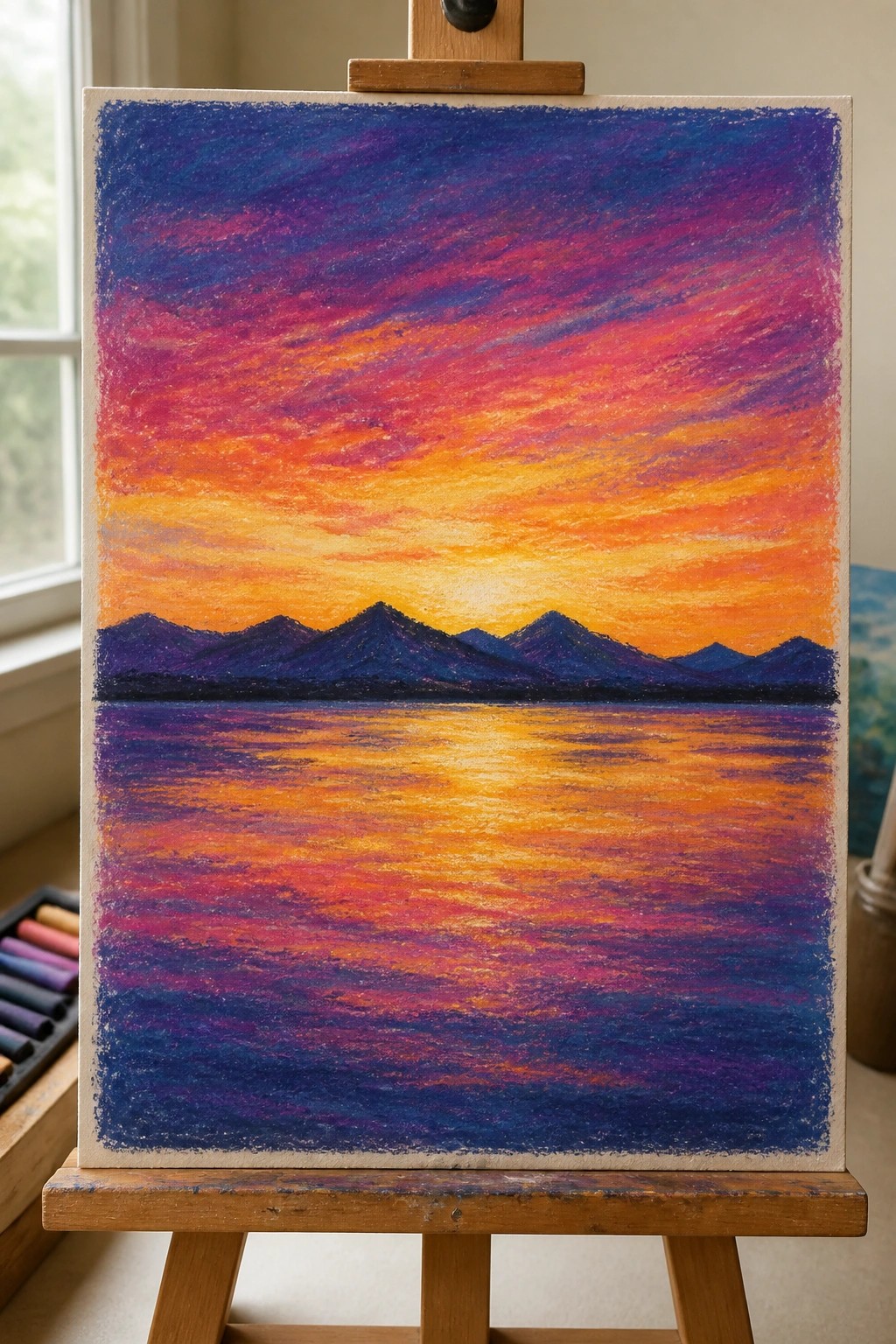 Vibrant sunset painting on easel with purple mountains reflected in colorful water.