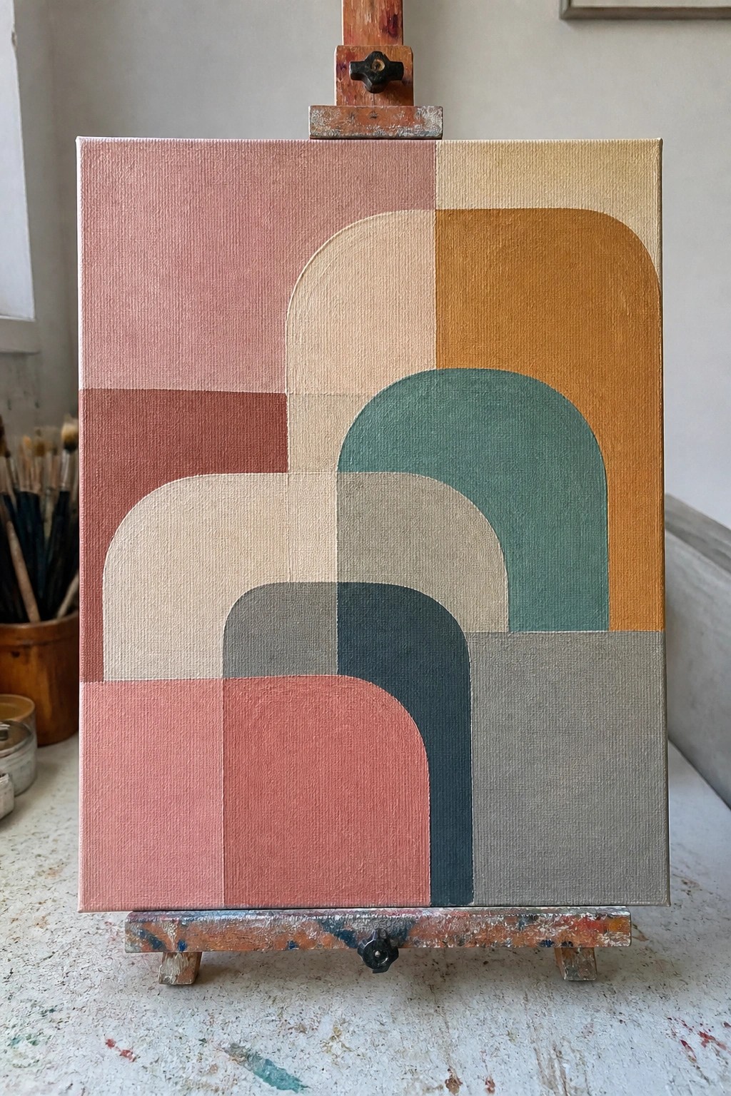 Abstract painting with overlapping arches in pink, terracotta, beige, teal, and gray on easel.