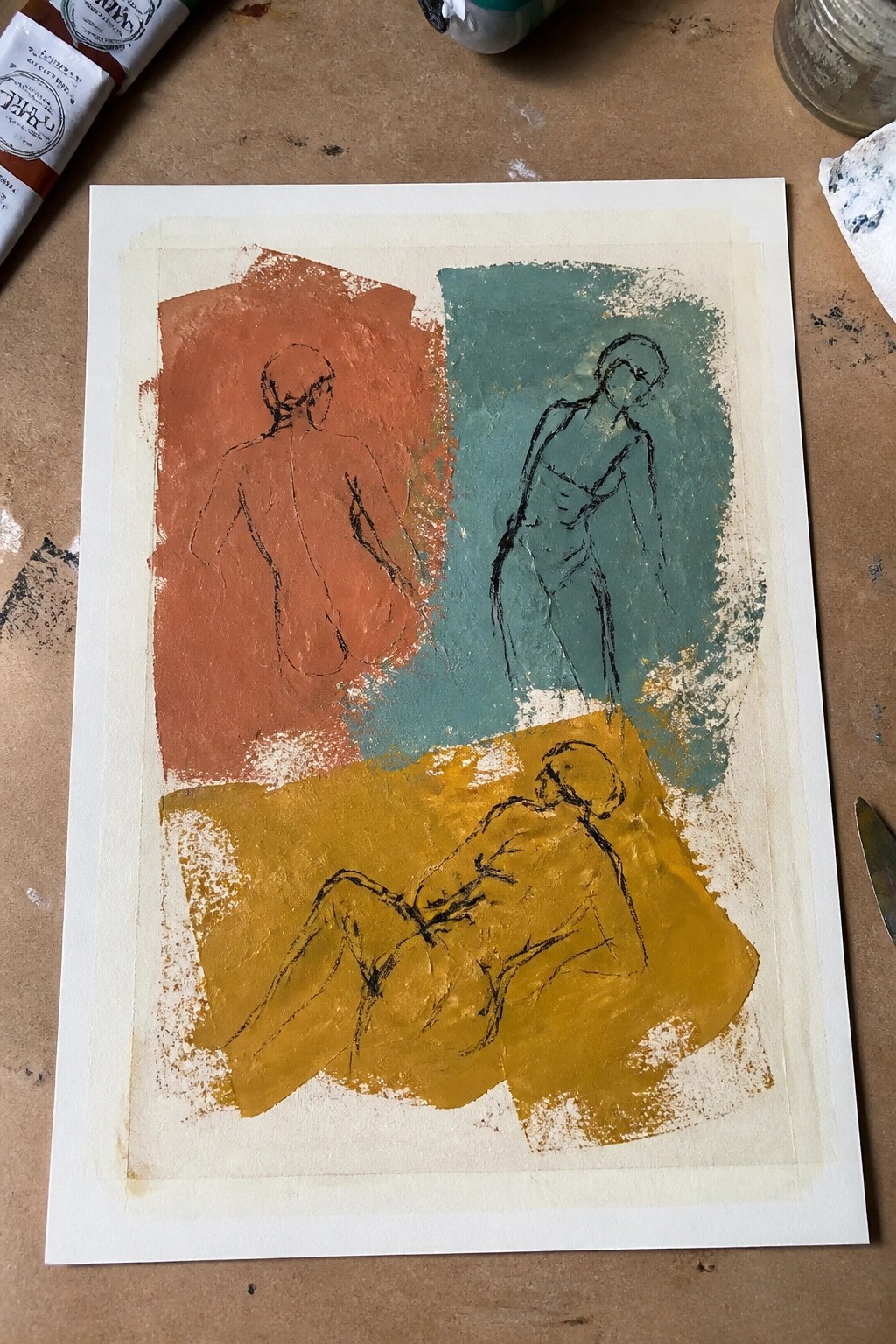 Three black ink figure sketches on textured orange, teal, and yellow backgrounds.
